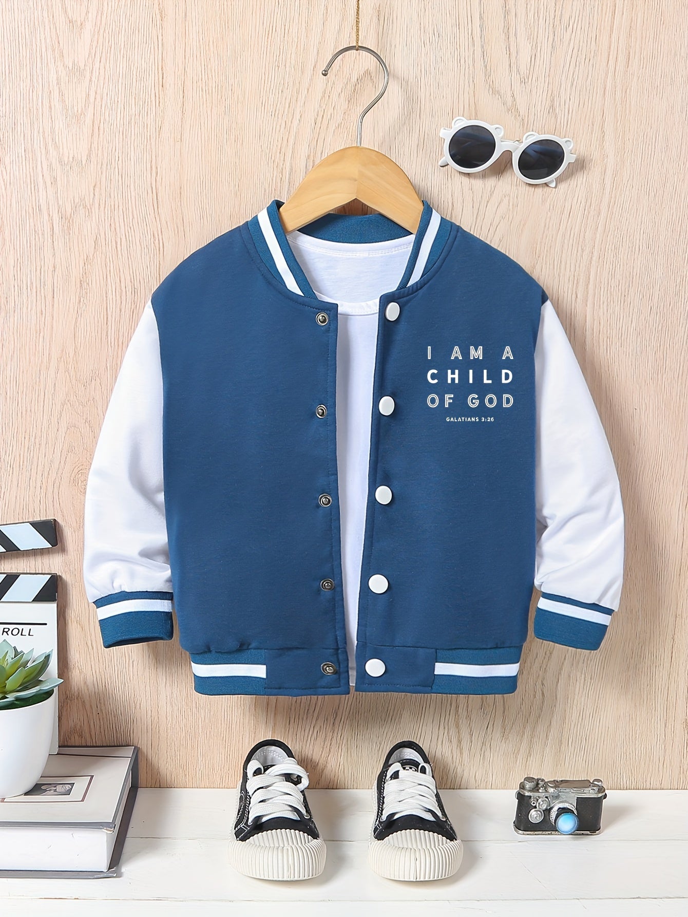 [For Kids Preppy Varsity Jacket] I AM A CHILD OF GOD Print Varsity Jacket For Kids, Preppy Style Bomber Jacket, Button Front Long Sleeve Coat, Boy's Clothes For Spring Fall Outdoor