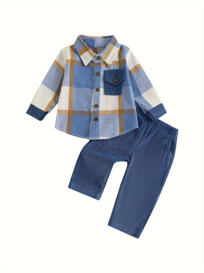 236.22inch-5T Kids Baby Boy Fall Outfits Classic Long Sleeve Plaid Print Jacket + Corduroy Pants Set Kid Clothes