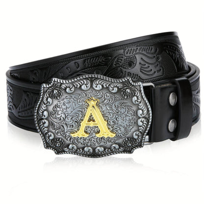 Mens' Western Cowboy Embossed Floral PU Leather Belt - Longhorn Bull Pattern Letter Big Buckle Belt - Stylish, Durable, and Adjustable Belts for Men - ZOOMNSTORE