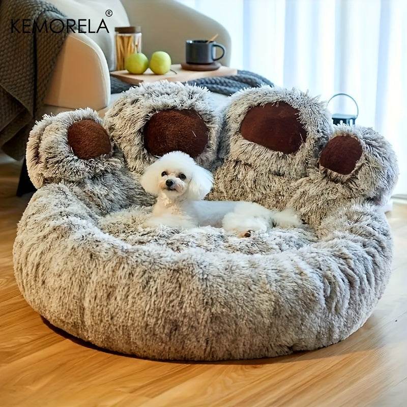 Cozy Bear Paw-Shaped Plush Pet Bed - Modern Gray with Brown Accents, Non-Slip Bottom, Soft & Warm Polyester Nest for Small Cats and Dogs - ZOOMNSTORE