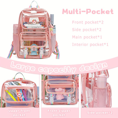 Pink Clear Backpack - Durable Waterproof School Bag with 2 Front Pockets  Cartoon Stickers