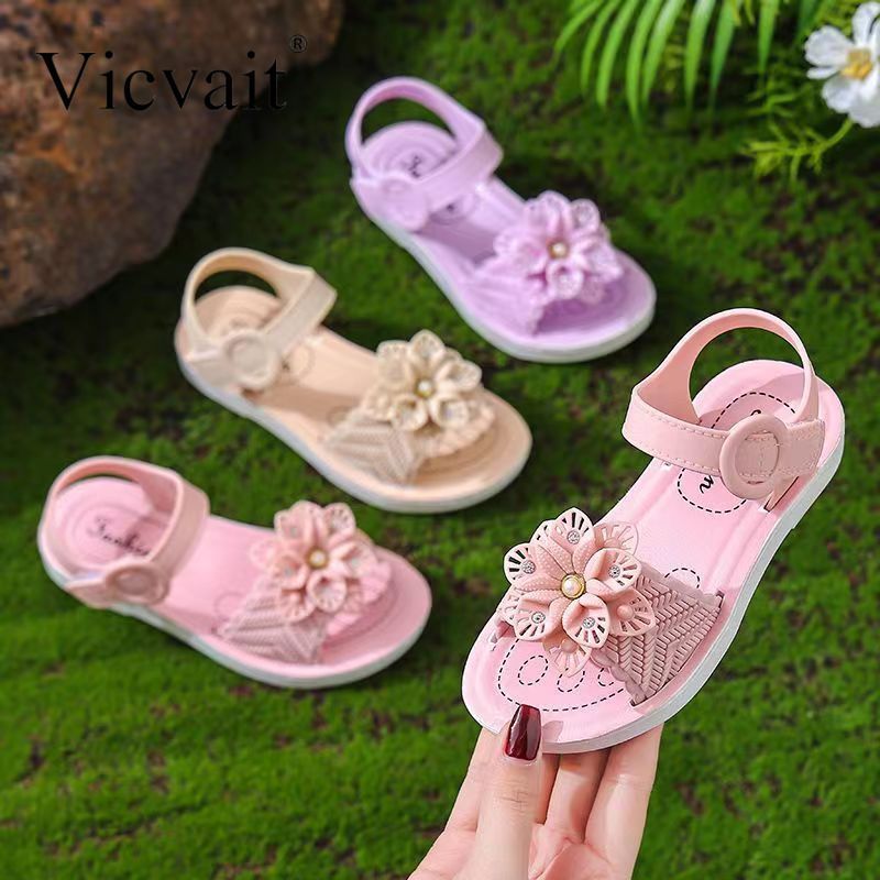 Vicvait Girls' Sandals 2024 Summer New Small and Medium sized Children'S ShoesLittle Girl Soft Sole Anti slip Baby Princess Shoes