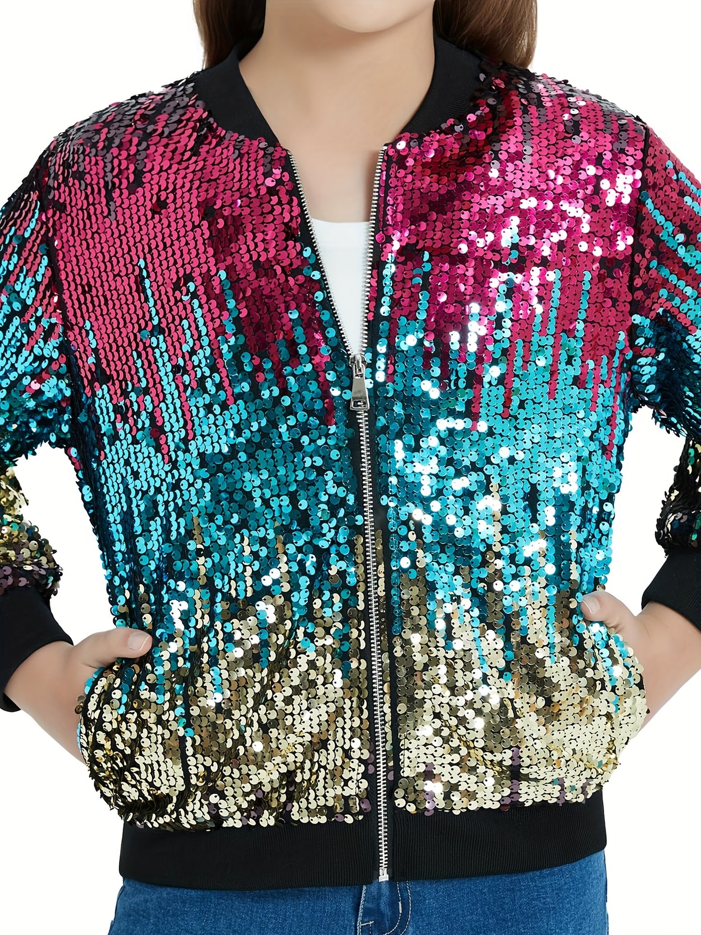 Lightweight Sparkle Mebius Girls Sequin Bomber Jacket - Zipper Long Sleeve with Pockets - For Kid 6-12Y