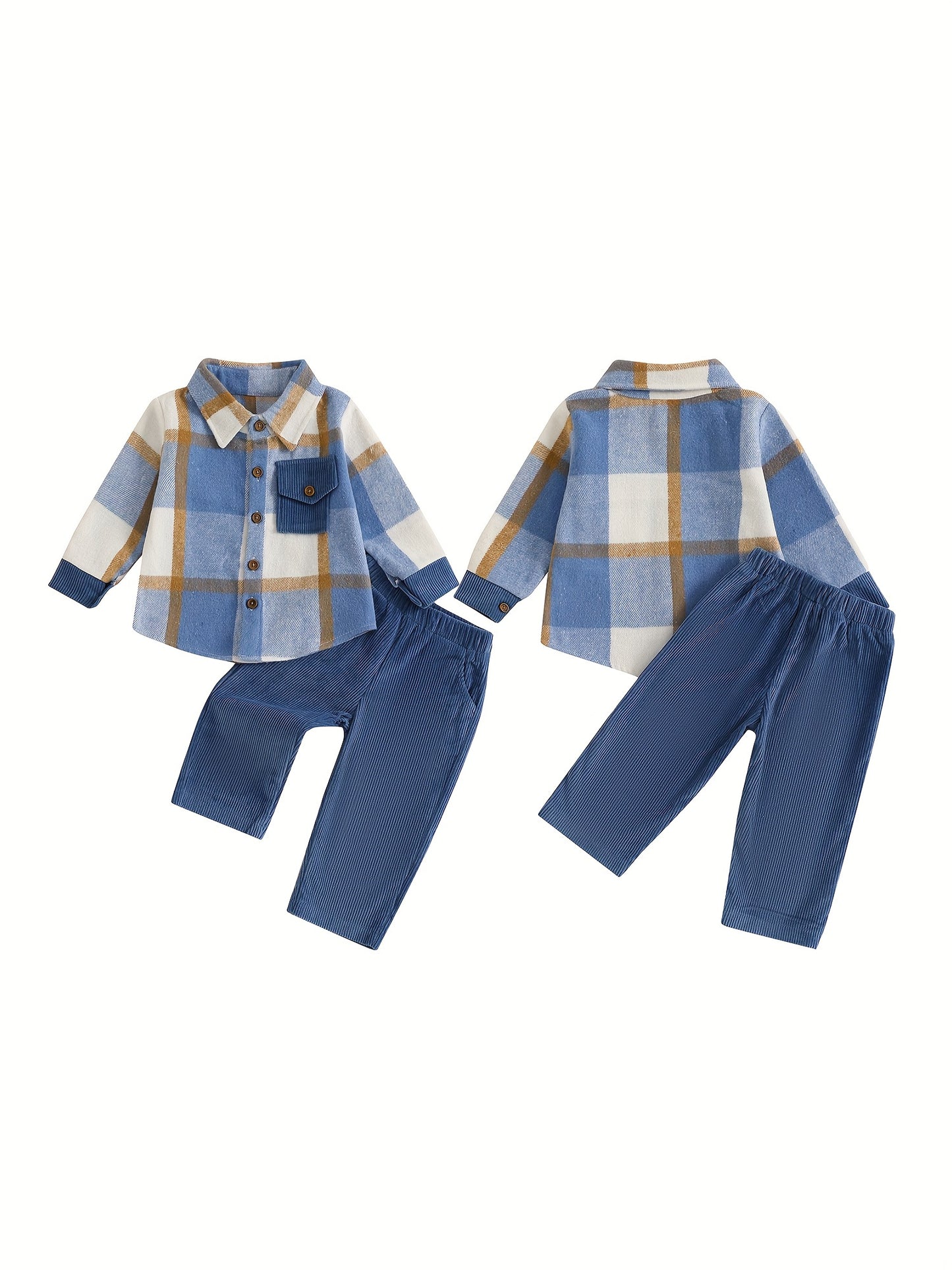 236.22inch-5T Kids Baby Boy Fall Outfits Classic Long Sleeve Plaid Print Jacket + Corduroy Pants Set Kid Clothes