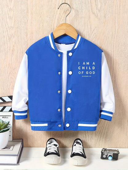 [For Kids Preppy Varsity Jacket] I AM A CHILD OF GOD Print Varsity Jacket For Kids, Preppy Style Bomber Jacket, Button Front Long Sleeve Coat, Boy's Clothes For Spring Fall Outdoor