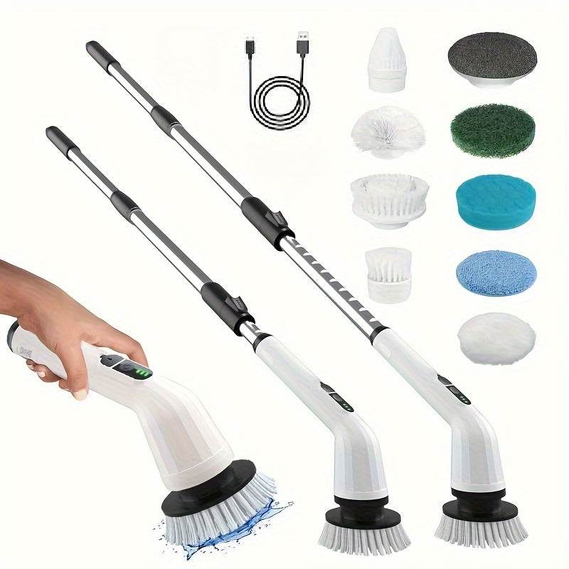 1pc Cordless Electric Rotary Scrubber Pro with 7 Interchangeable Brush Heads, Dual Speed, Telescopic Handle, Battery Level Indicator, USB Rechargeable 2000mAh Lithium Battery, Medium Firmness, Reusable Attachment for Kitchen, - ZOOMNSTORE