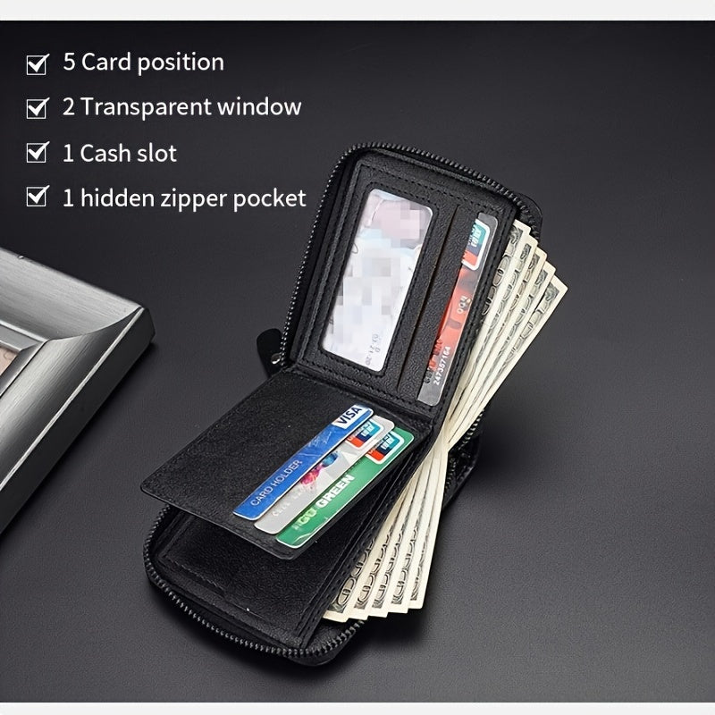 Black Wallet Men&#39;s Short Retro Anti-theft Wallet Card Holder Zipper Coin Purse