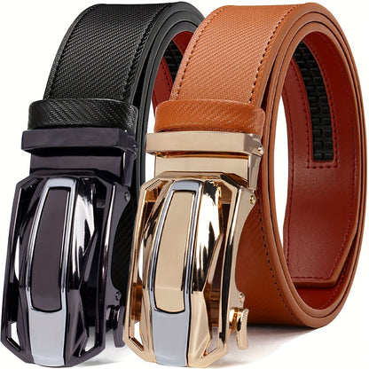 2pcs Adjustable Ratchet Leather Belt Set - Men's Dress Casual Belt, Sliding Belt, Cut to Fit, 1 3/8" Wide, Perfect Gift for Him