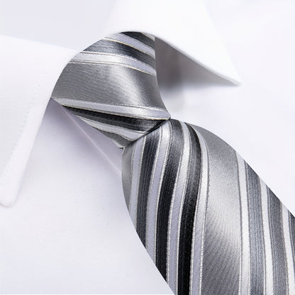 [3PCS Gray Striped Silk Tie Set] Mens Silk Tie Gray Striped Woven Necktie Set Hanky Cufflinks Gift 3PCS