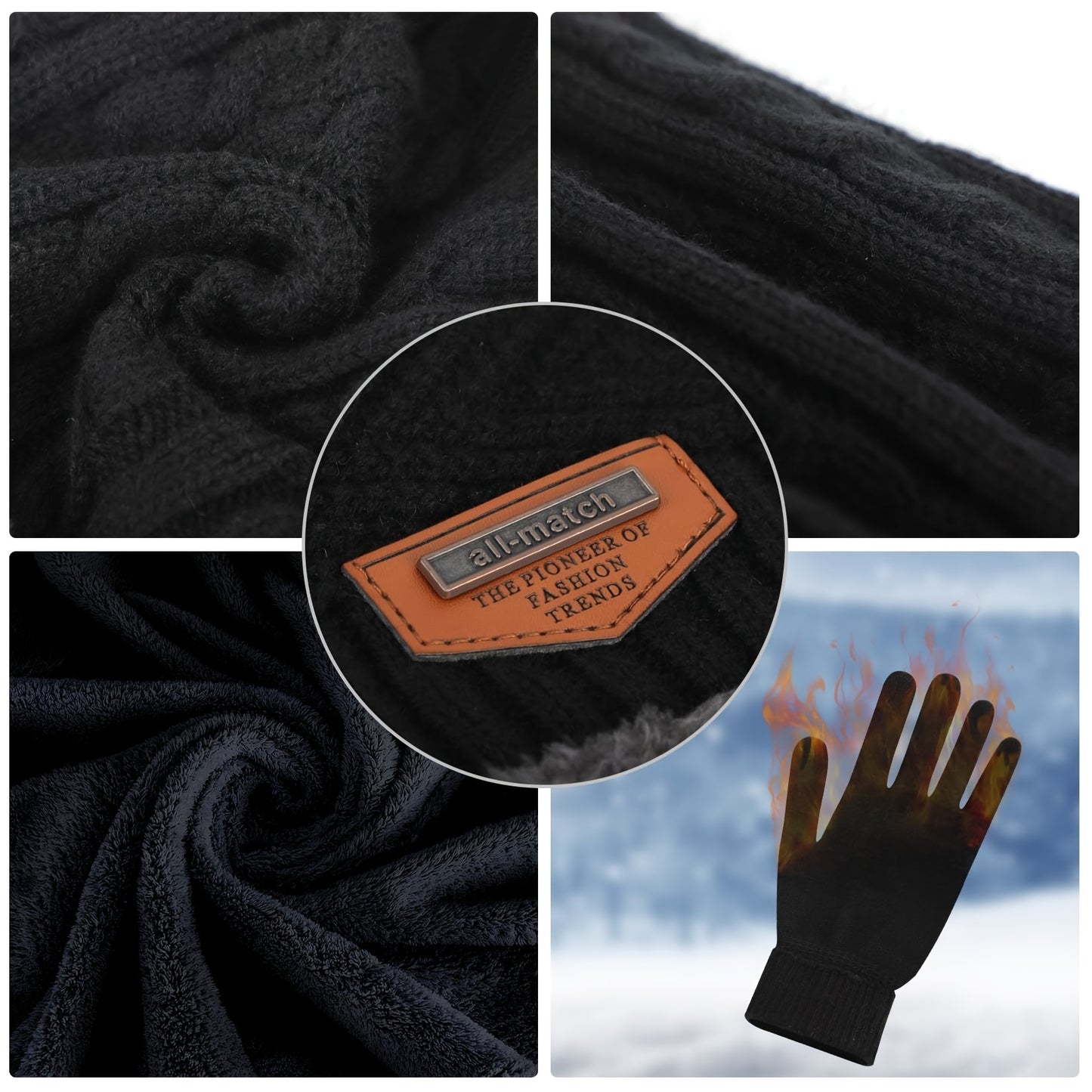 Winter Beanie  Scarf Set with Touch Screen Gloves - Fleece Lined Black Hat for Men  Women