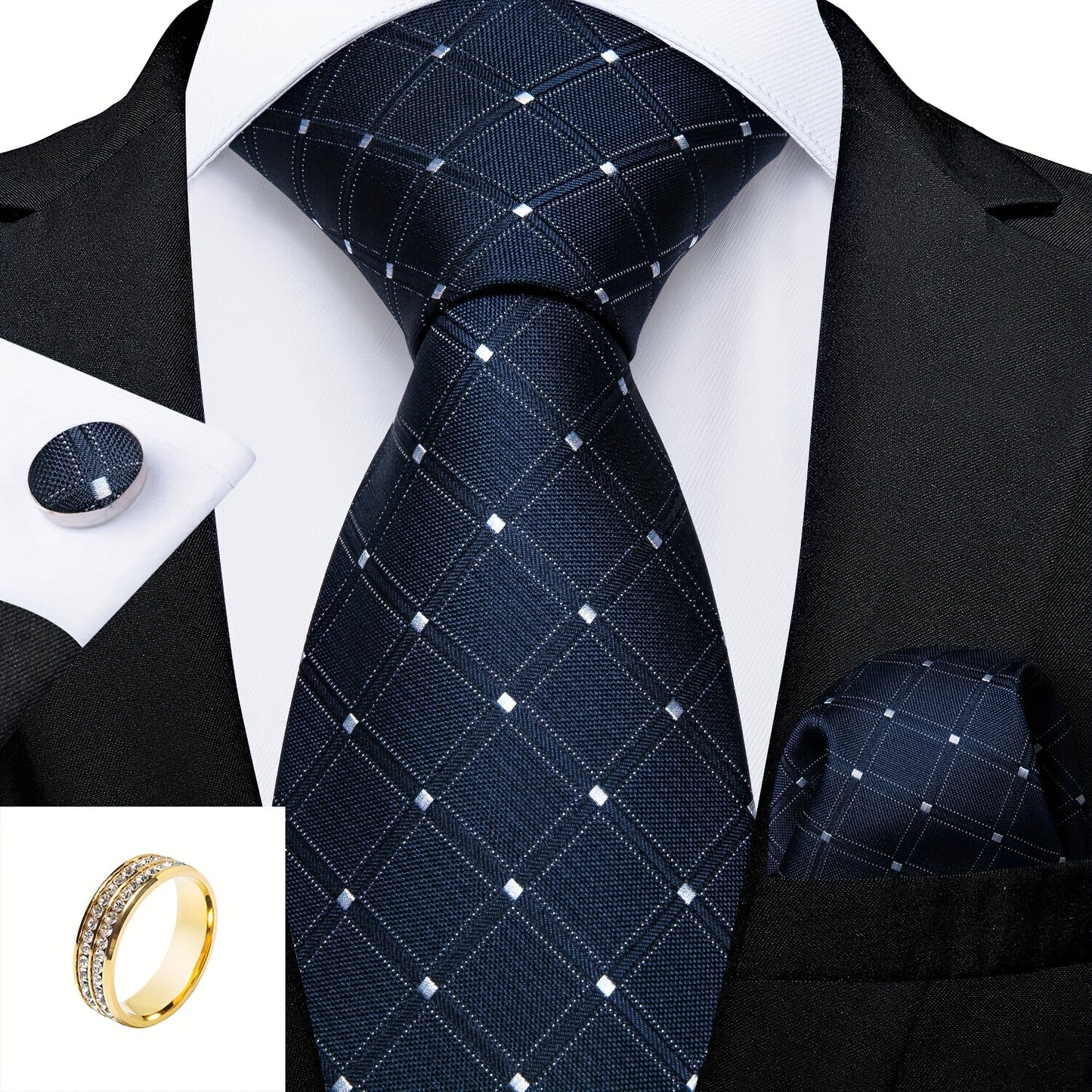 4pcs/Set Men's Tie Silk Blue Checks Necktie And Pocket Square Cufflinks Ring Set For Wedding