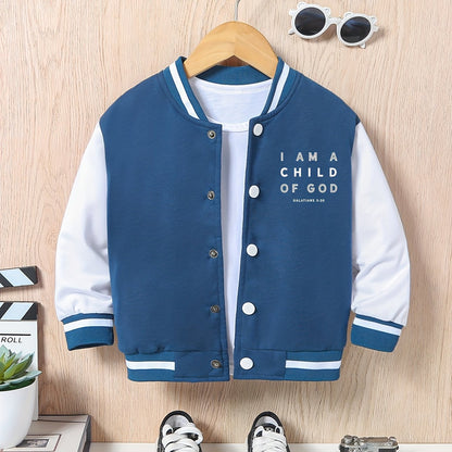 [For Kids Preppy Varsity Jacket] I AM A CHILD OF GOD Print Varsity Jacket For Kids, Preppy Style Bomber Jacket, Button Front Long Sleeve Coat, Boy's Clothes For Spring Fall Outdoor