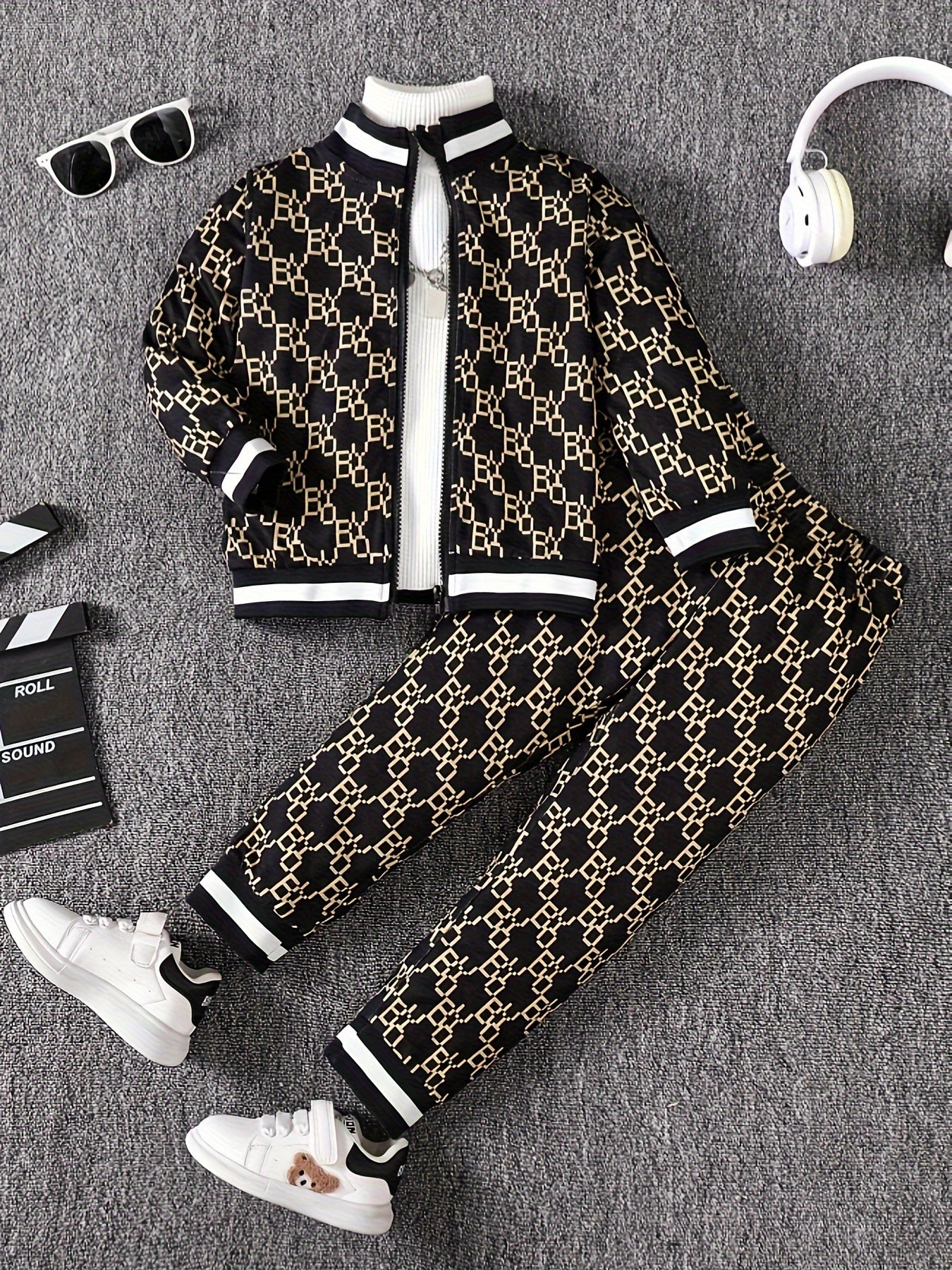 2pcs Autumn Winter Geometric Pattern Boy's Trendy Co Ord Set - Long Sleeve Stand Collar Zip-up Jacket & Elastic Waistband Trousers