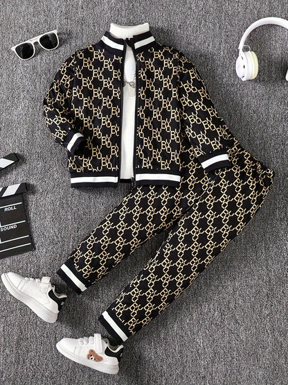 2pcs Autumn Winter Geometric Pattern Boy's Trendy Co Ord Set - Long Sleeve Stand Collar Zip-up Jacket & Elastic Waistband Trousers