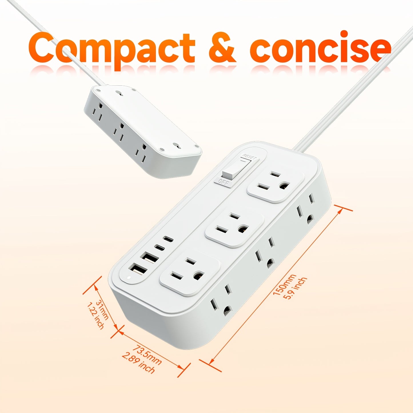 Flat Plug Surge Protector Outlet Extender Power Strip with 5 Ft Thin Flat Extension Cord, 6 Widely Distributed AC Outlets, 4 USB Charging Ports (2 USB A & 2 USB C), Desk Charging Station, Compact Power Strip Outlet Extender F