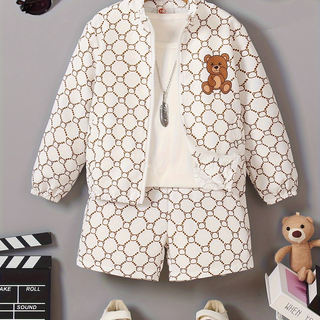 [Quick-Dry Long Sleeve Jacket Set] Kids Sporty Quick-Dry Woven Zip-Up Long Sleeve Jacket & Shorts Set, Cute Bear Print, Casual Style, Boys Spring And Fall Outfit, Ideal For Daily & Outdoor Wear