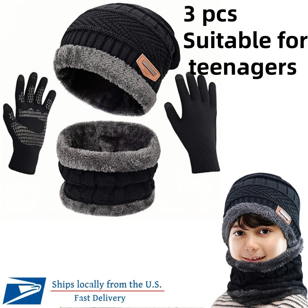 Winter Beanie  Scarf Set with Touch Screen Gloves - Fleece Lined Black Hat for Men  Women