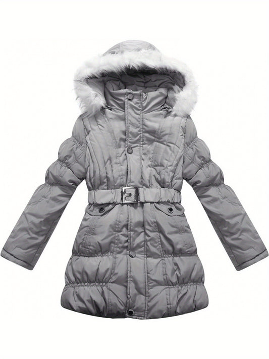 [Long Sleeve Fuzzy Winter Parkas] Amemory In Girls Winter Parkas Long Sleeve Fuzzy Hooded Padded Winter Jacket with Belt