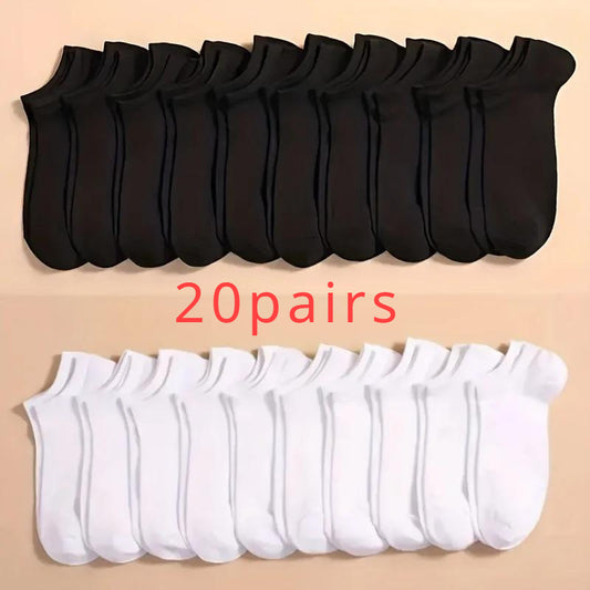 [20 Pairs Solid Low Cut Socks] 20/40 Pairs Of Solid Socks, Soft And Lightweight Low Cut Ankle Socks, Loose Black White Gray Men's And Women's Long Tube Socks