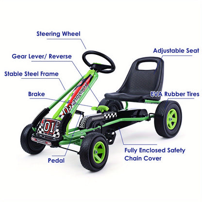 Kids Pedal Go Kart - 4 Wheel Adjustable Green Toy