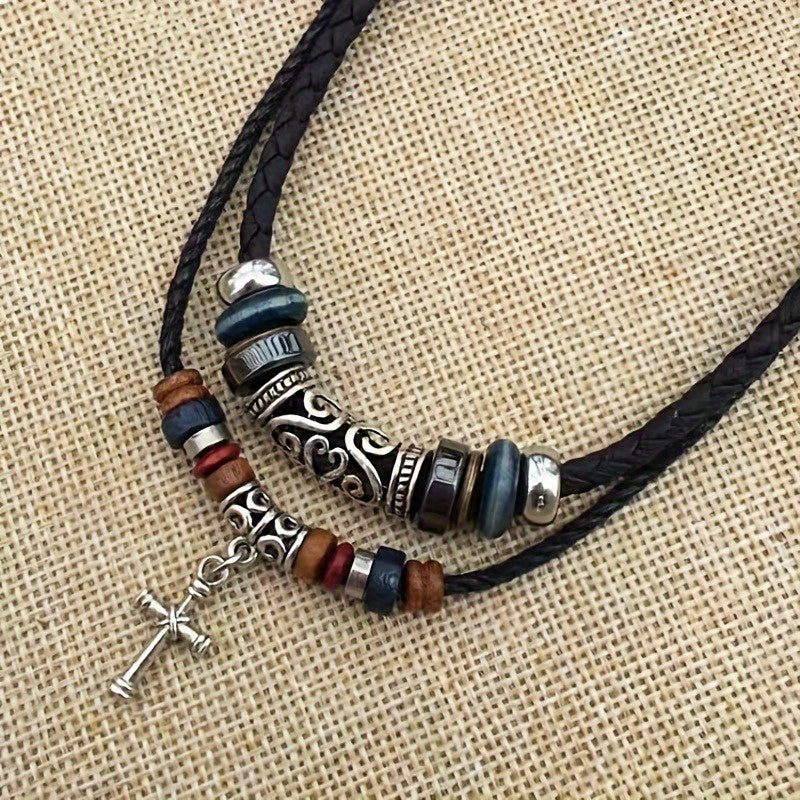 [Double Layer Tribal Necklace with Cross] Double Layer Black Tribal Necklace Vintage Braided Faux PU Leather Necklace with Pendant Cross Pendant