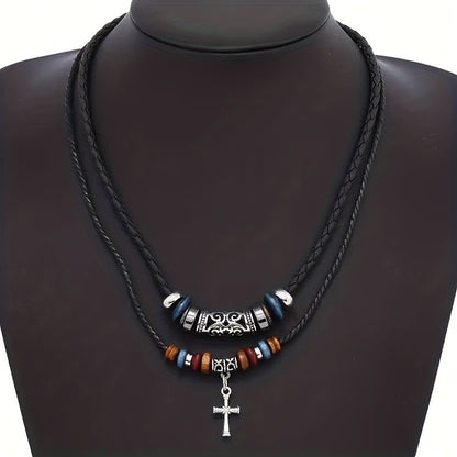 [Double Layer Tribal Necklace with Cross] Double Layer Black Tribal Necklace Vintage Braided Faux PU Leather Necklace with Pendant Cross Pendant