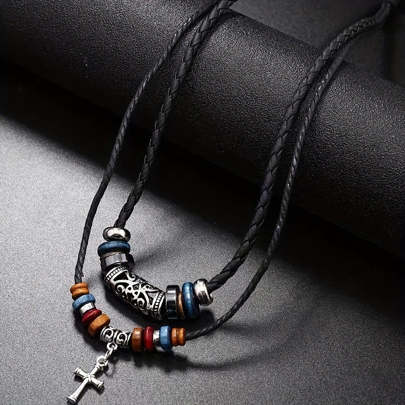 [Double Layer Tribal Necklace with Cross] Double Layer Black Tribal Necklace Vintage Braided Faux PU Leather Necklace with Pendant Cross Pendant