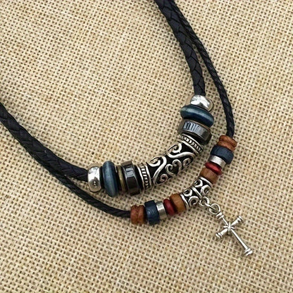 [Double Layer Tribal Necklace with Cross] Double Layer Black Tribal Necklace Vintage Braided Faux PU Leather Necklace with Pendant Cross Pendant