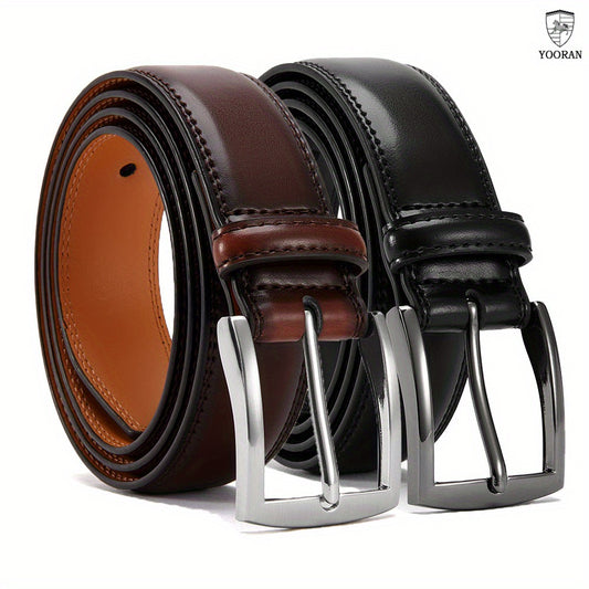 2PC YOORAN Mens Formal Wear Belt-Leather Single Pin Buckle Belt1 3/ 8 - Suitable for Men's Suits, Jeans, Uniforms