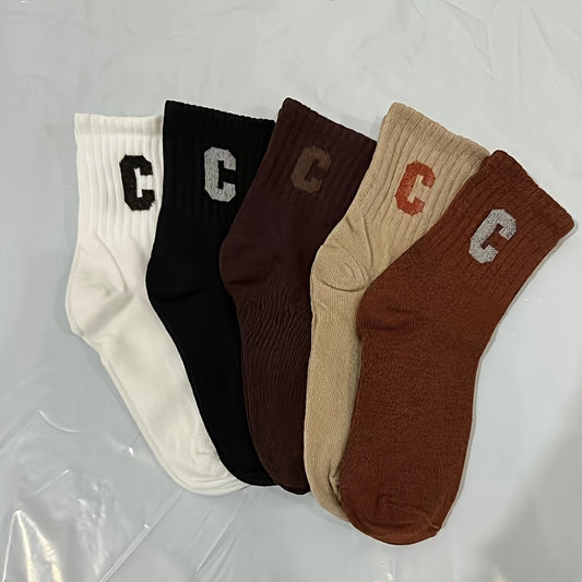 5 Pairs of C-letter Printed Socks, Fashionable and Versatile Mid-calf Socks, Casual and Comfortable Sports Socks, Suitable for Outdoor Activities