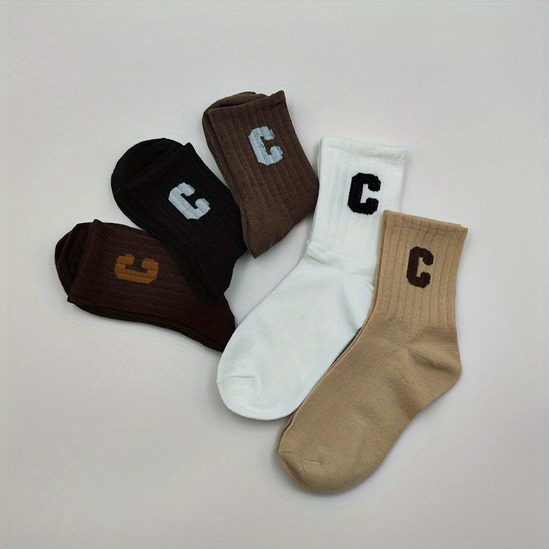 5 Pairs of C-letter Printed Socks, Fashionable and Versatile Mid-calf Socks, Casual and Comfortable Sports Socks, Suitable for Outdoor Activities