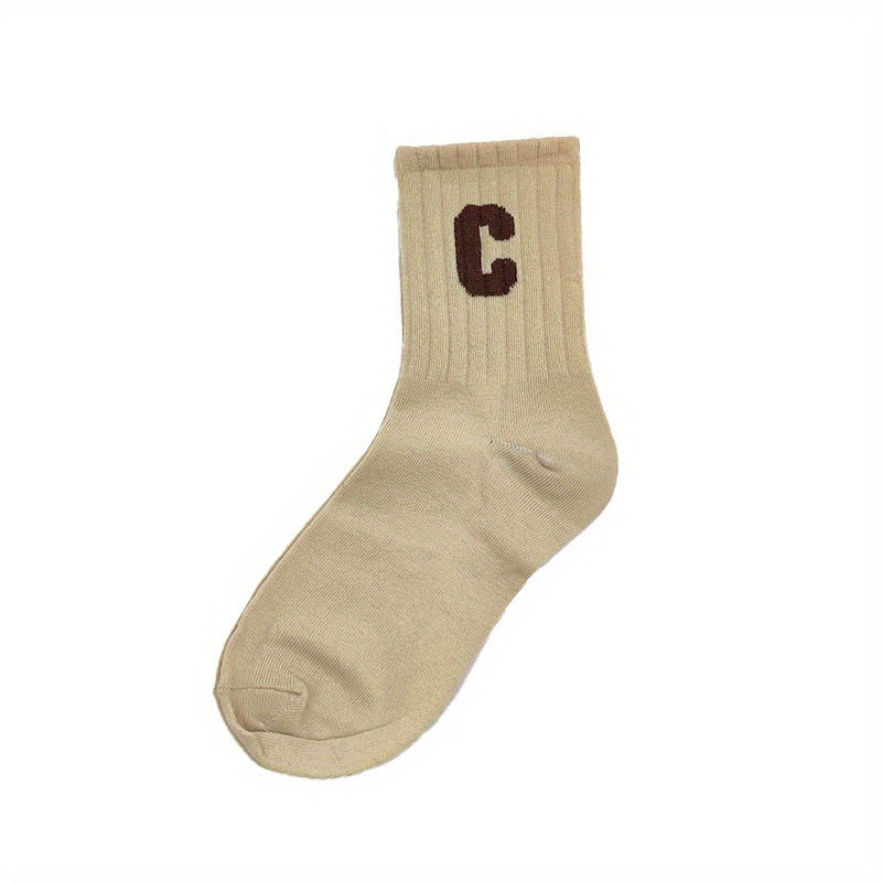 5 Pairs of C-letter Printed Socks, Fashionable and Versatile Mid-calf Socks, Casual and Comfortable Sports Socks, Suitable for Outdoor Activities