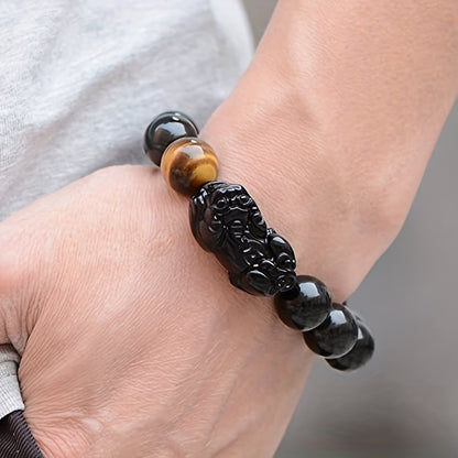 Unisex Black Obsidian Tiger Eye Bangle - Feng Shui Pixiu Wealth Bracelet for Good Luck  Abundance