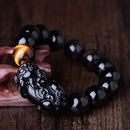 Unisex Black Obsidian Tiger Eye Bangle - Feng Shui Pixiu Wealth Bracelet for Good Luck  Abundance