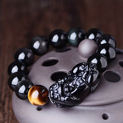 Unisex Black Obsidian Tiger Eye Bangle - Feng Shui Pixiu Wealth Bracelet for Good Luck  Abundance