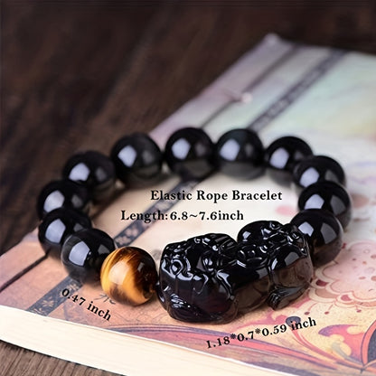 Unisex Black Obsidian Tiger Eye Bangle - Feng Shui Pixiu Wealth Bracelet for Good Luck  Abundance