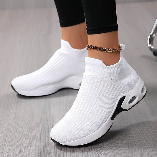 Breathable Mesh Upper Lightweight Knit Sock Sneakers - Women's Casual Sports Shoes - Air Cushion Sole, Slip-On Running Footwear, Height-Increasing Design, Versatile Street Style, White - ZOOMNSTORE