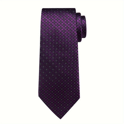 3pc/set Classic Mens Silk Tie Purple Checks Necktie Square Hanky Cufflink Set Formal