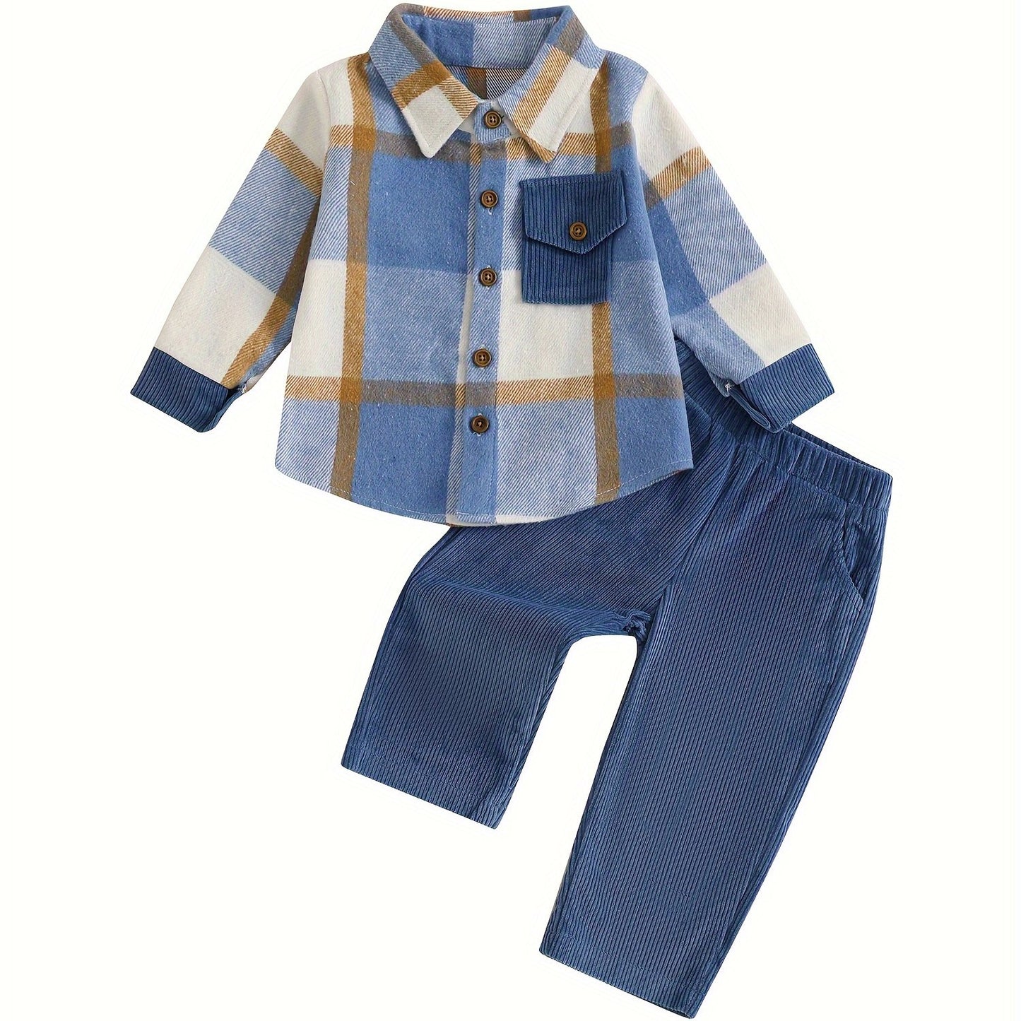 236.22inch-5T Kids Baby Boy Fall Outfits Classic Long Sleeve Plaid Print Jacket + Corduroy Pants Set Kid Clothes