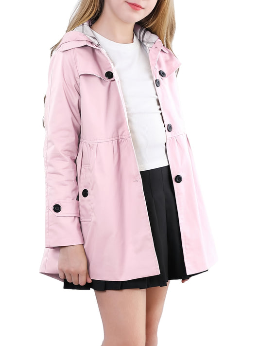 Charming Girls' Pink Trench Coat - Elegant Button-Down Hooded Jacket with Classic Collar, Cotton Blend, Perfect for Everyday & Casual Wear in Spring and Autumn, Girls Casual Wear|Elegant Hooded Jacket|Functional Pockets, Girl