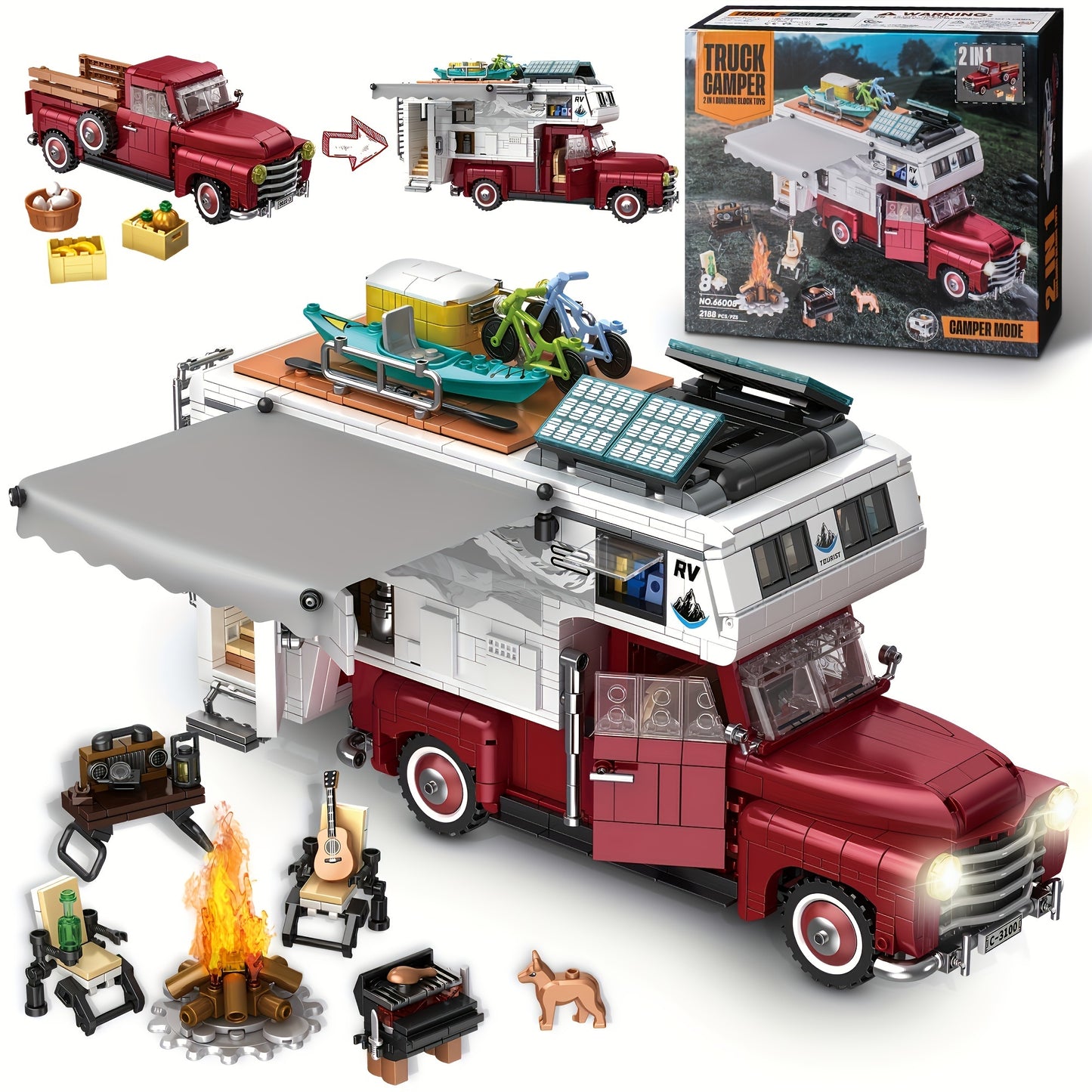 Camper Van Building Set - 2188 Pcs 2 in 1 Compatible with LEGO RVs  Pickup Trucks for Teens and Adults