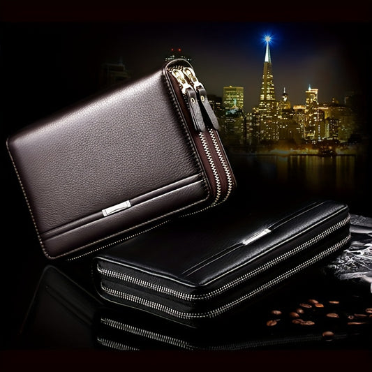 Mens PU Leather Long Wallet - Business Clutch with Card Holder for Phone - Gift for Father Son Husband Boyfriend BlackBrown