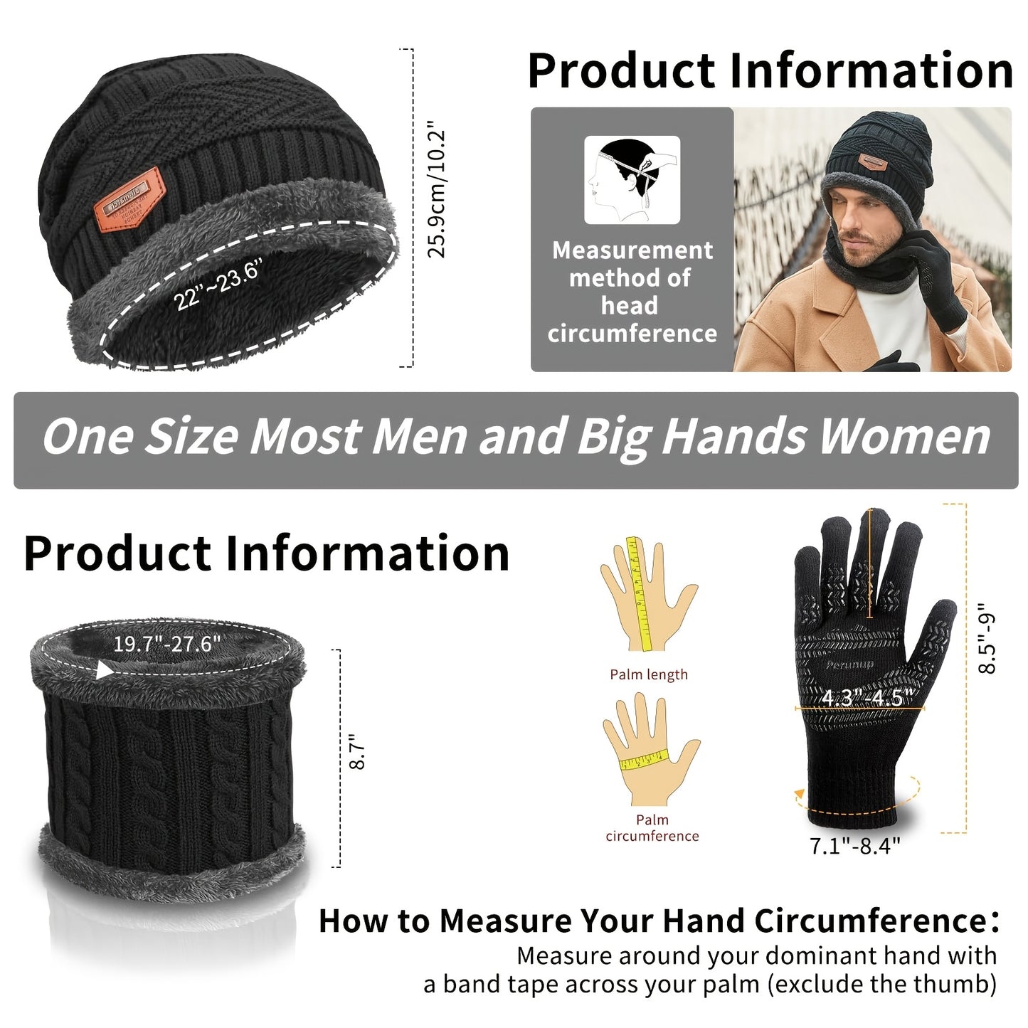 Winter Beanie  Scarf Set with Touch Screen Gloves - Fleece Lined Black Hat for Men  Women