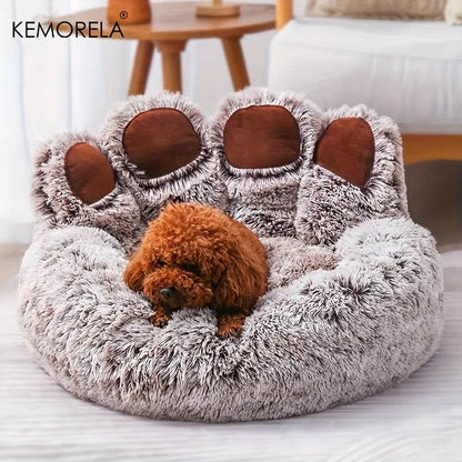 Cozy Bear Paw-Shaped Plush Pet Bed - Modern Gray with Brown Accents, Non-Slip Bottom, Soft & Warm Polyester Nest for Small Cats and Dogs - ZOOMNSTORE