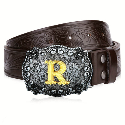 Mens' Western Cowboy Embossed Floral PU Leather Belt - Longhorn Bull Pattern Letter Big Buckle Belt - Stylish, Durable, and Adjustable Belts for Men - ZOOMNSTORE