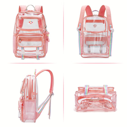 Pink Clear Backpack - Durable Waterproof School Bag with 2 Front Pockets  Cartoon Stickers