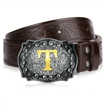 Mens' Western Cowboy Embossed Floral PU Leather Belt - Longhorn Bull Pattern Letter Big Buckle Belt - Stylish, Durable, and Adjustable Belts for Men - ZOOMNSTORE