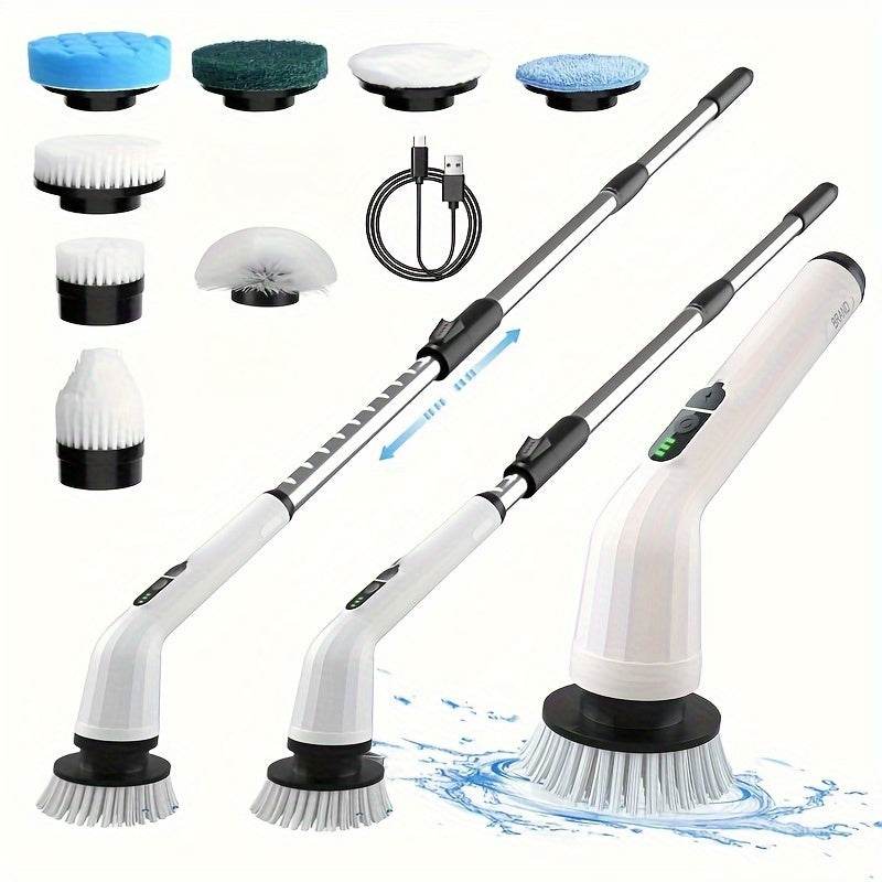 1pc Cordless Electric Rotary Scrubber Pro with 7 Interchangeable Brush Heads, Dual Speed, Telescopic Handle, Battery Level Indicator, USB Rechargeable 2000mAh Lithium Battery, Medium Firmness, Reusable Attachment for Kitchen, - ZOOMNSTORE