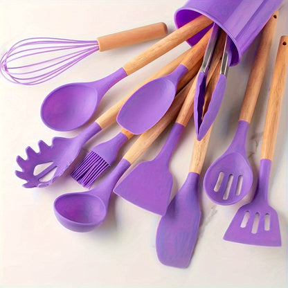 12-Piece Premium Non-Stick Silicone Kitchen Utensil Set with Ergonomic Wooden Handles - Durable, Heat-Resistant, Easy to Clean, and Safe for Cooking and Baking - Ideal for Back to School, Dorm Essentials, and Home Cooking Ent - ZOOMNSTORE