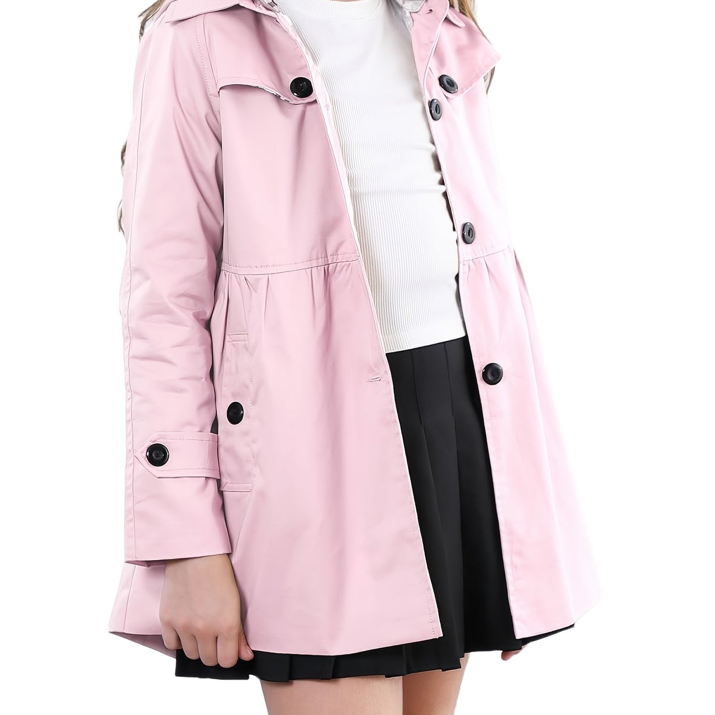 Charming Girls' Pink Trench Coat - Elegant Button-Down Hooded Jacket with Classic Collar, Cotton Blend, Perfect for Everyday & Casual Wear in Spring and Autumn, Girls Casual Wear|Elegant Hooded Jacket|Functional Pockets, Girl